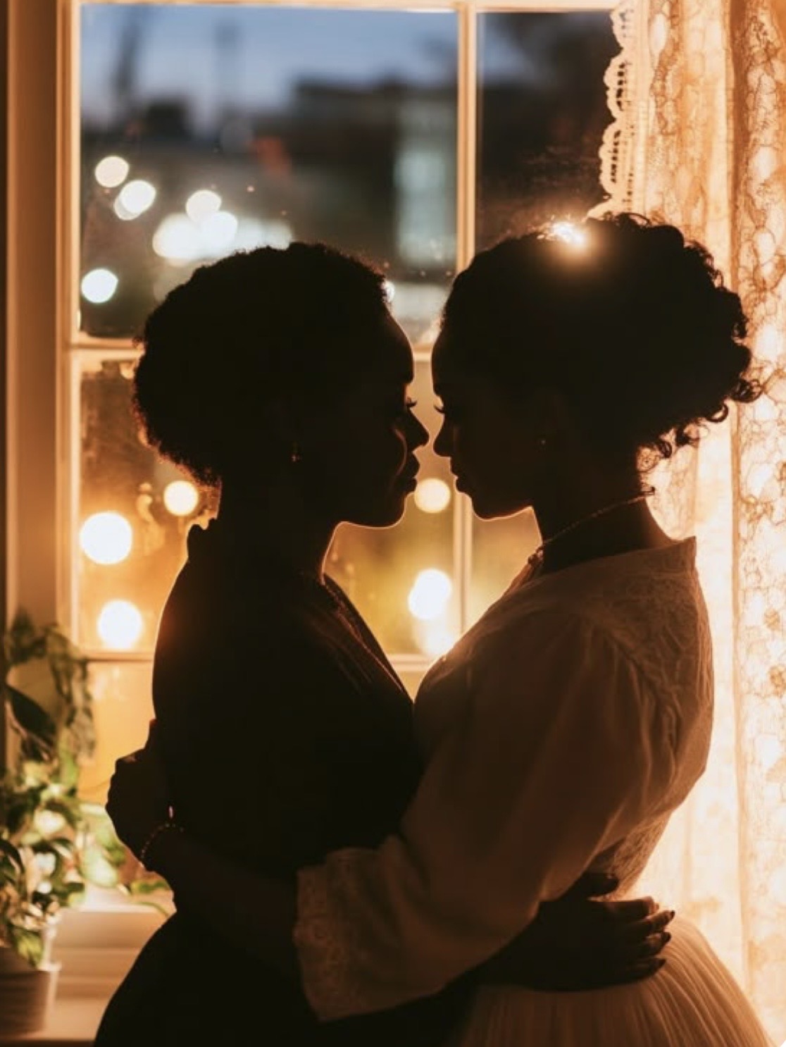 Silhouetted couple by a candlelit window