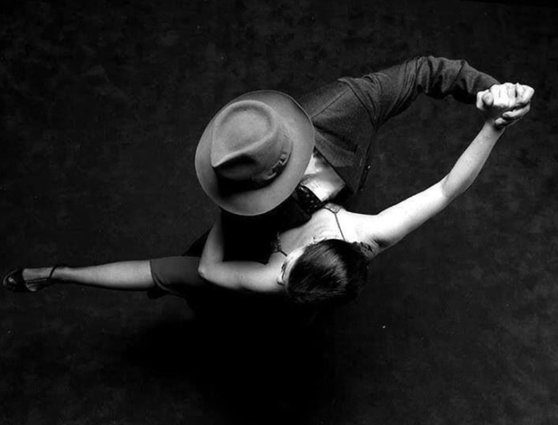 Overhead tango embrace in black and white